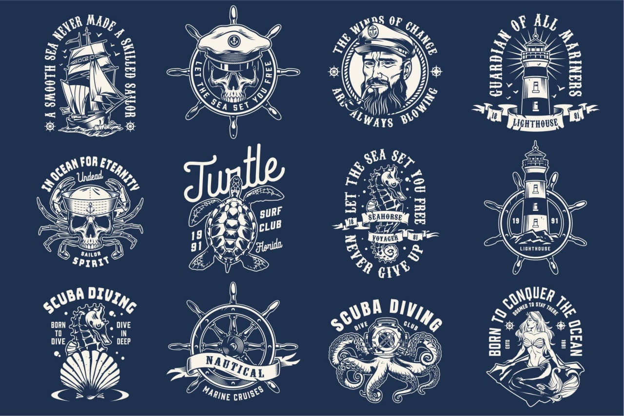 12 Nautical black and white designs on dark background with different vector illustrations and text