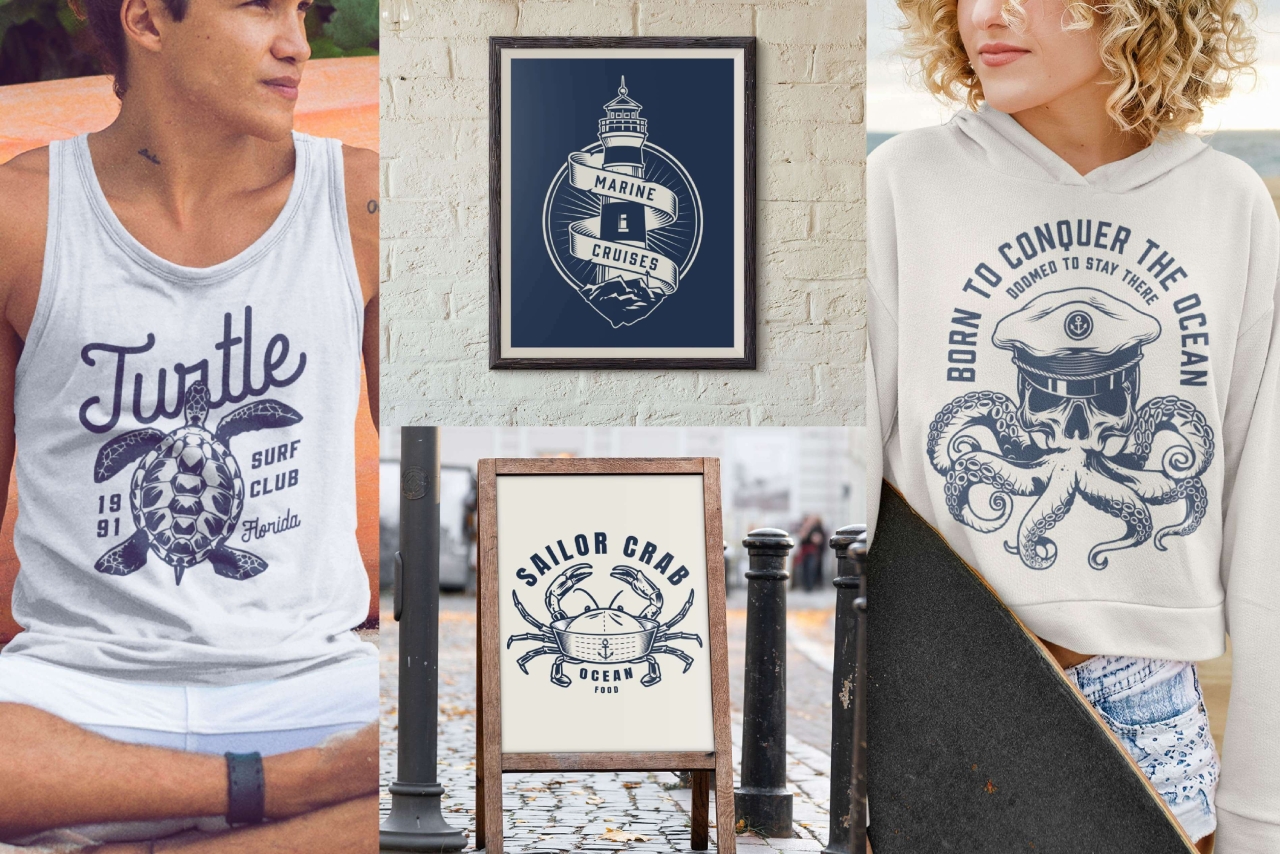 Different nautical logos on apparel and printed mockups