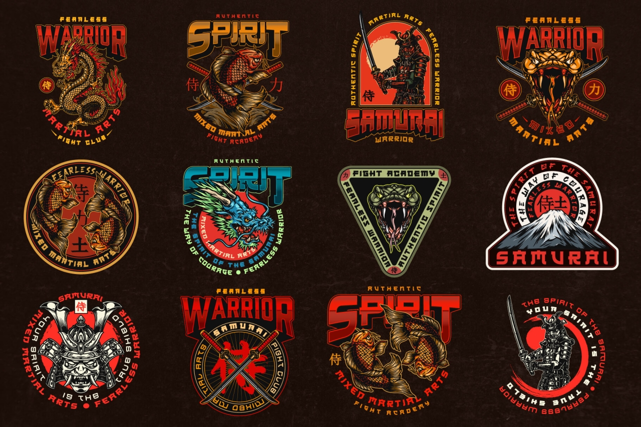 12 Samurai colored designs on dark background with different vector illustrations and text