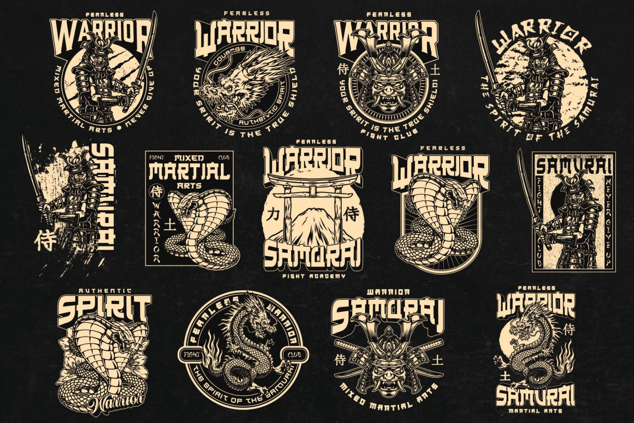 13 Samurai black and white designs on dark background with different vector illustrations and text