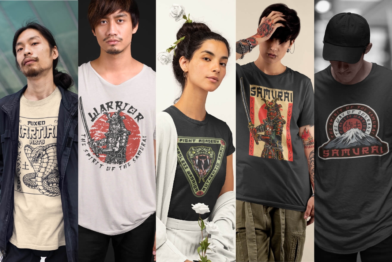 Different Samurai t-shirt designs on apparel mockups