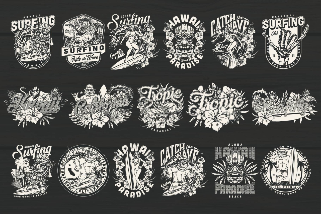 17 Surfing black and white designs on dark background with different vector illustrations and text