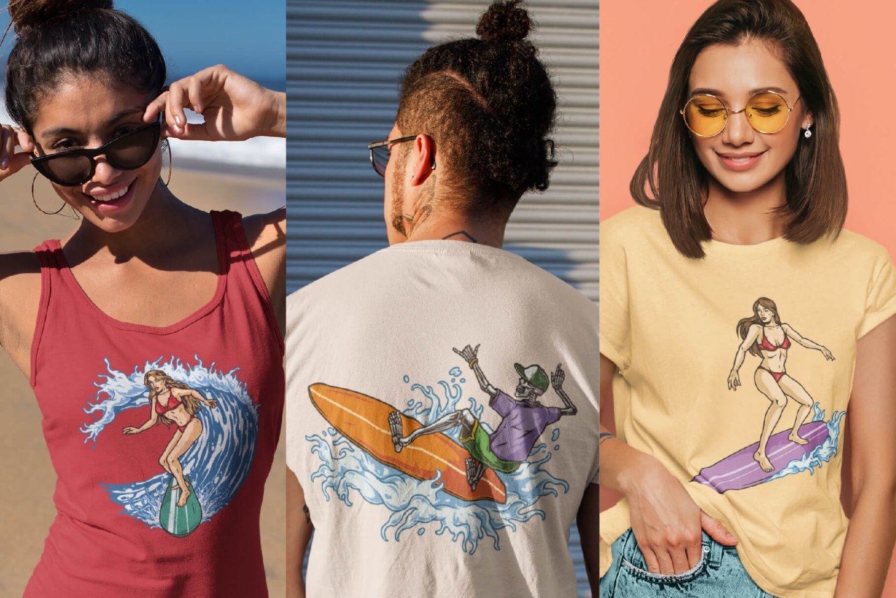 Surfing illustrations on different apparel and poster mockups