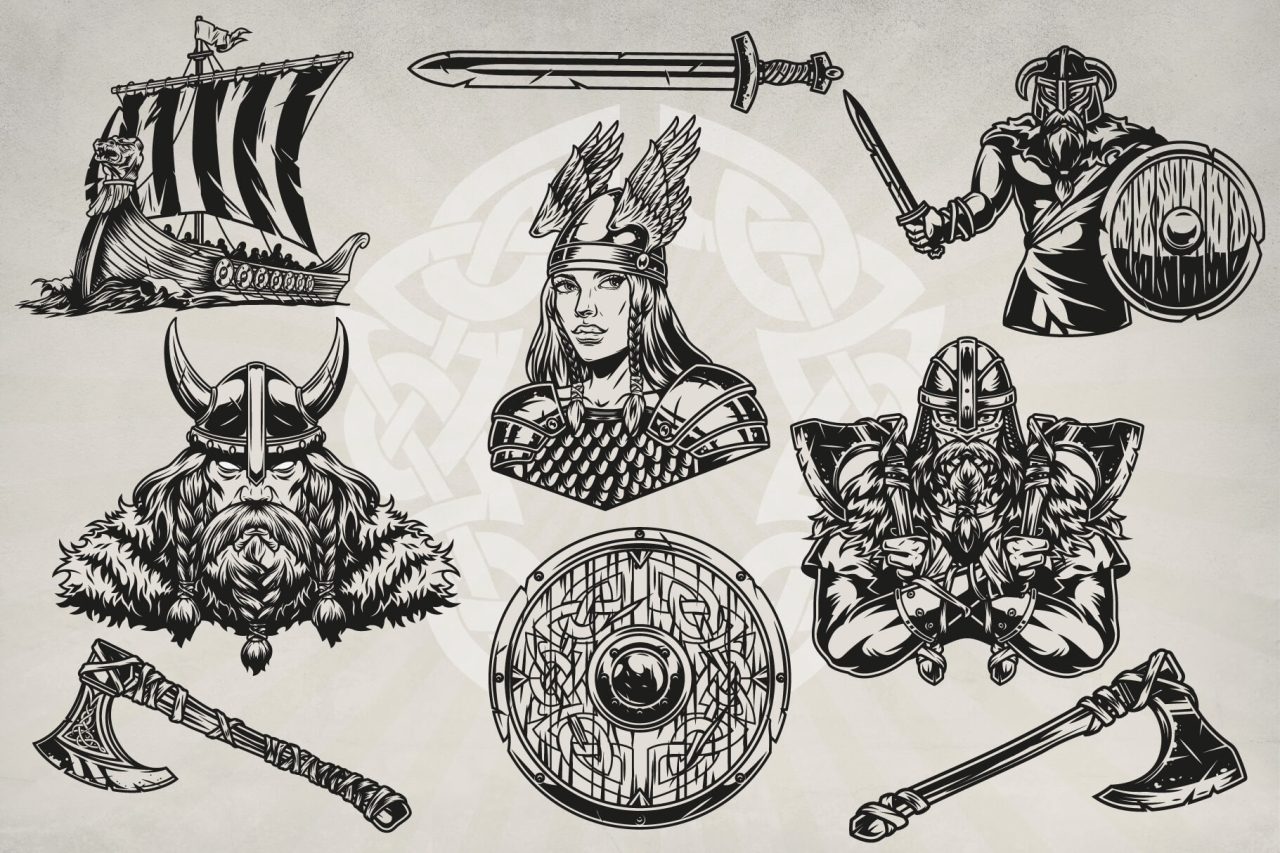 9 Viking black and white vector illustrations