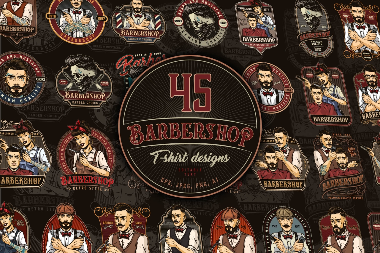 45 Barbershop bundle cover with different illustrations and text.