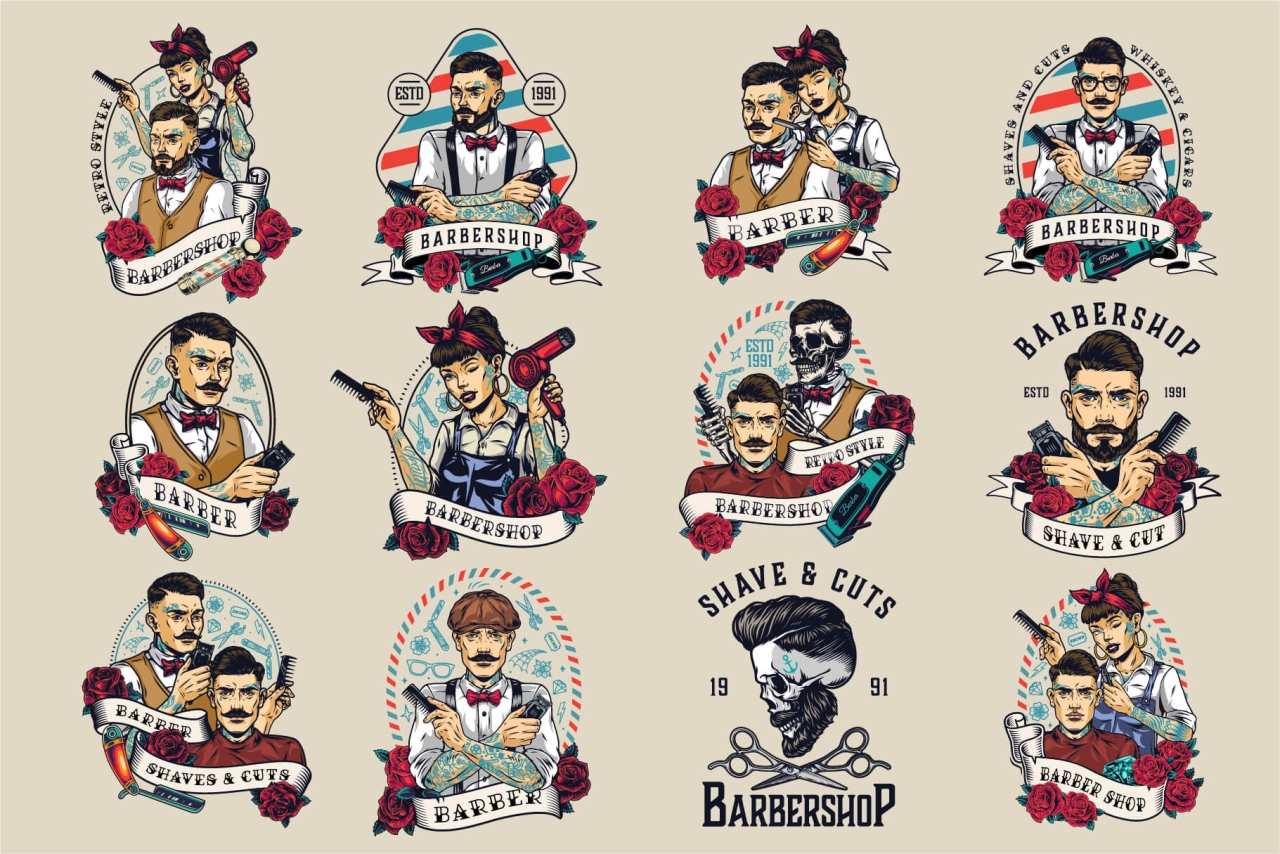 12 Barbershop colored designs on dark background with different vector illustrations and text