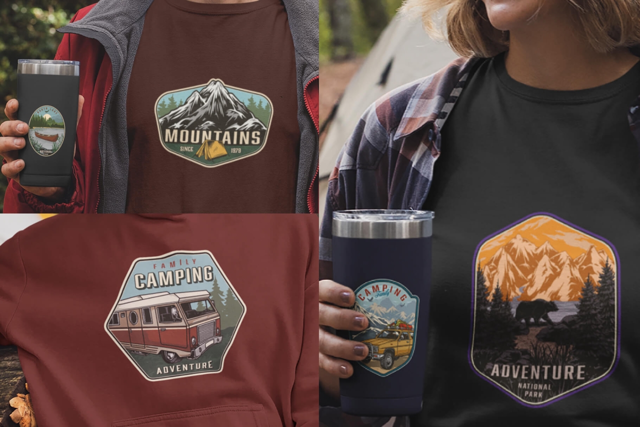 Different Camping badges on apparel mockups