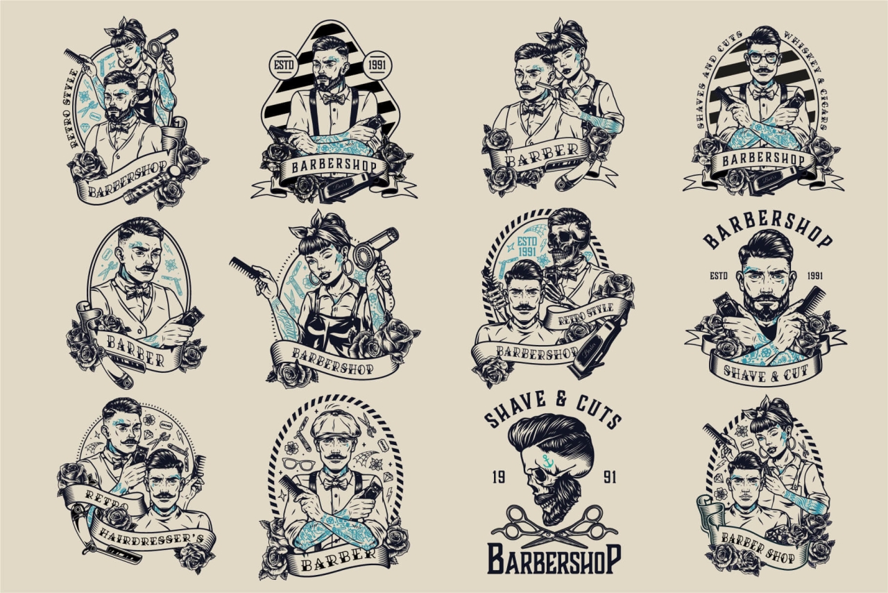 12 Barbershop black and white designs on light background with different vector illustrations and text