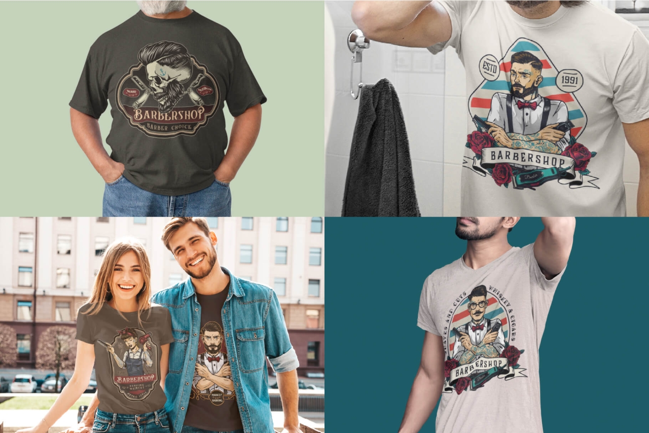 Different Barbershop t-shirt designs on apparel mockups