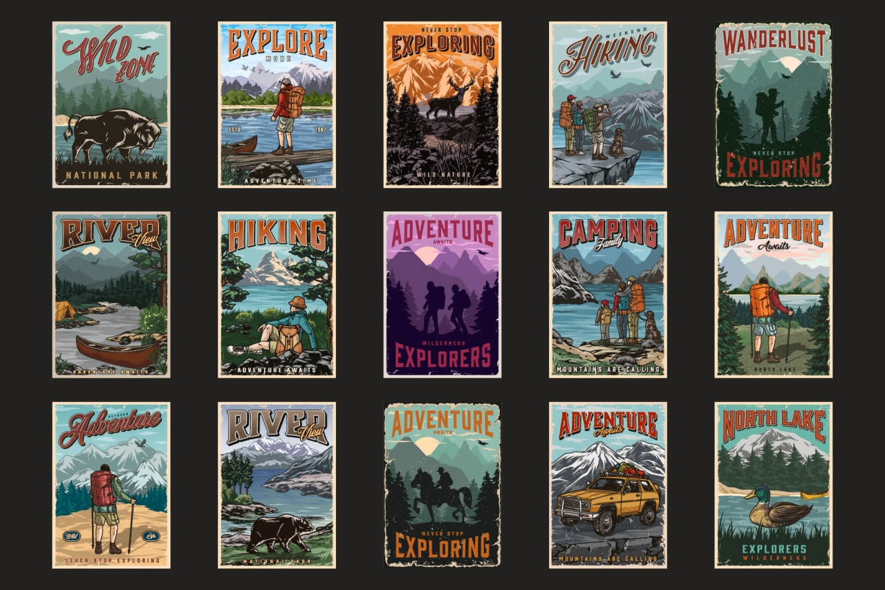 15 Camping colored posters with different vector illustrations and text