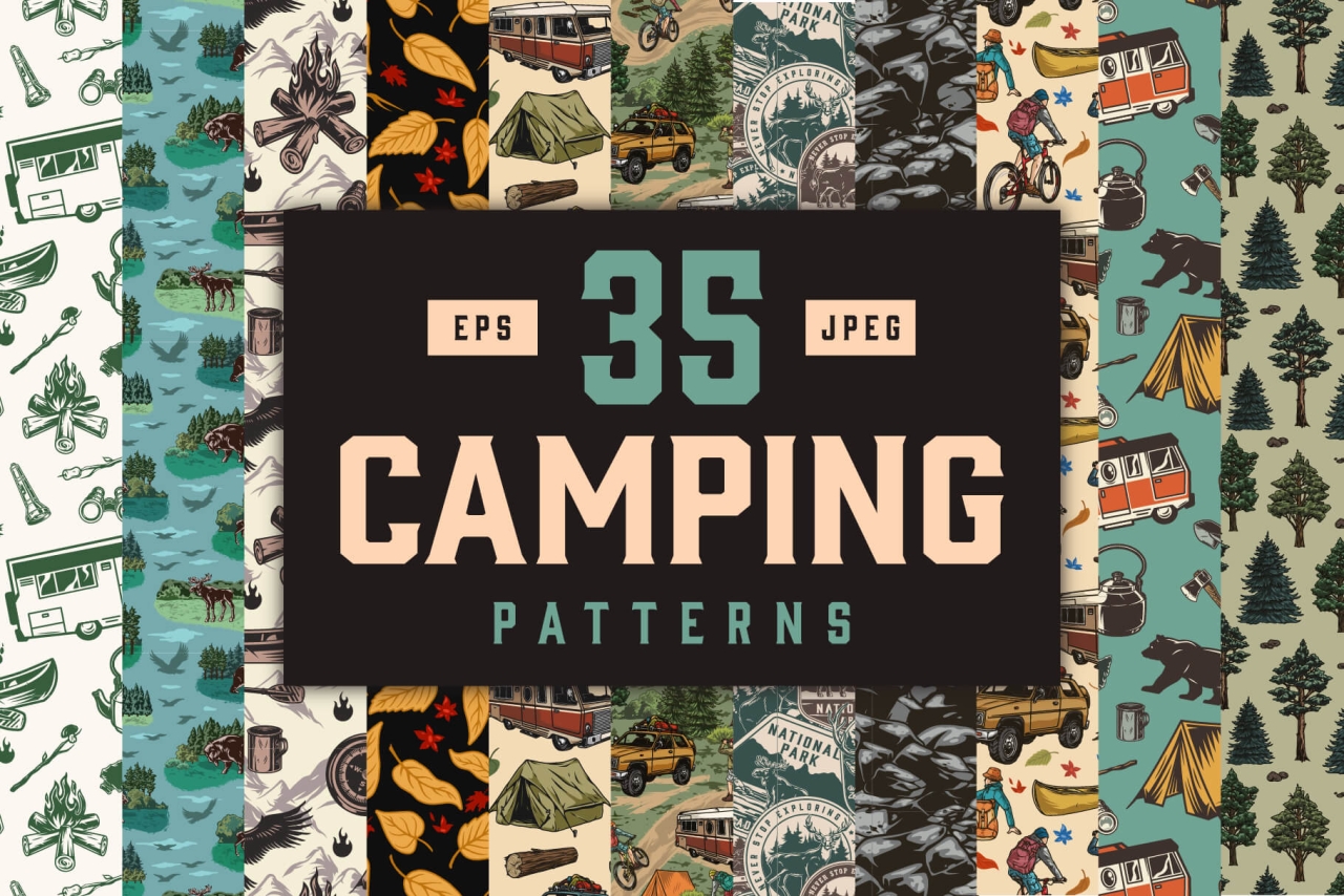 35 Camping patterns bundle cover with seamless patterns and text