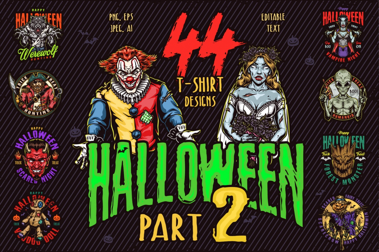 44 Halloween bundle cover with different illustrations and text.