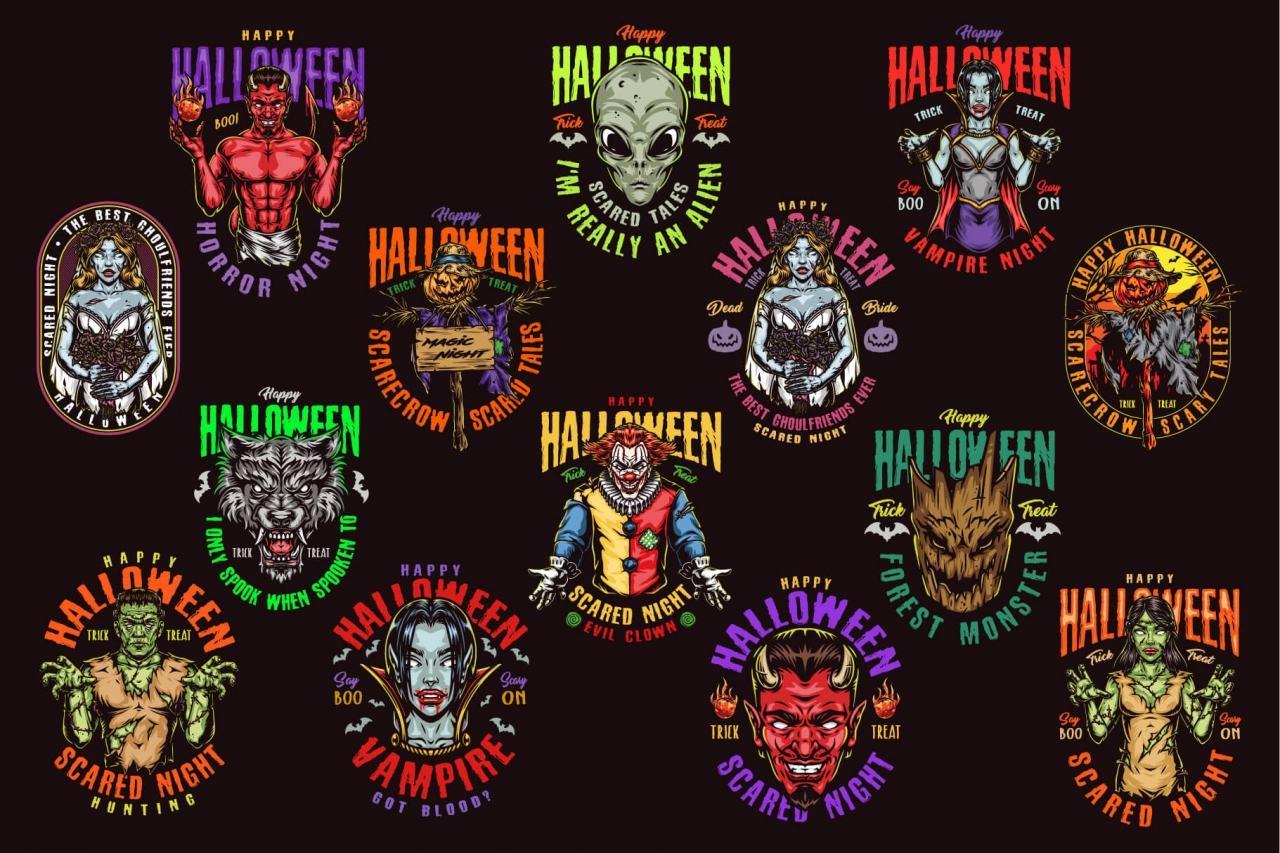 14 Halloween colored designs on dark background with different vector illustrations and text