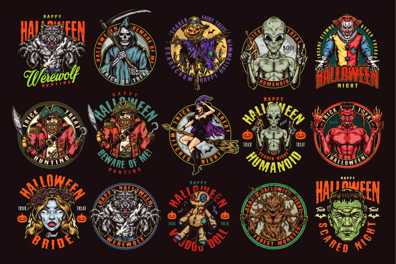 15 Halloween colored designs on dark background with different vector illustrations and text