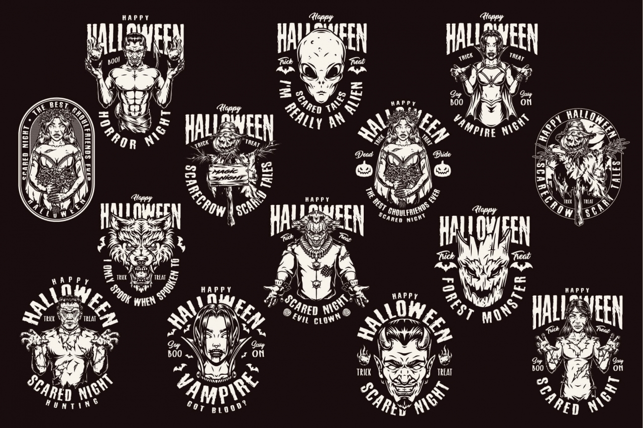 14 Halloween black and white designs on dark background with different vector illustrations and text