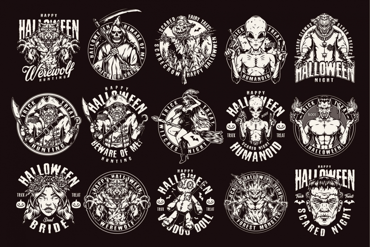 15 Halloween black and white designs on dark background with different vector illustrations and text