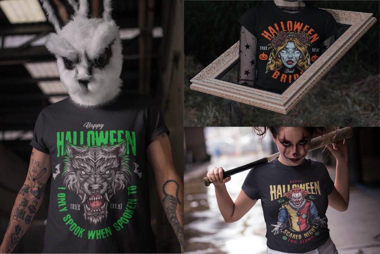 Different Halloween t-shirt designs on apparel mockups
