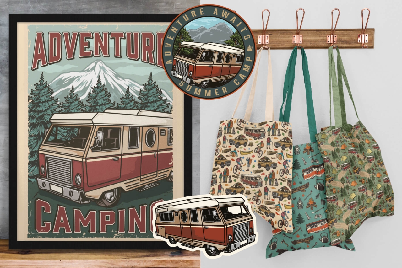 Different Camping illustrations used in a poster, a badge and a pattern