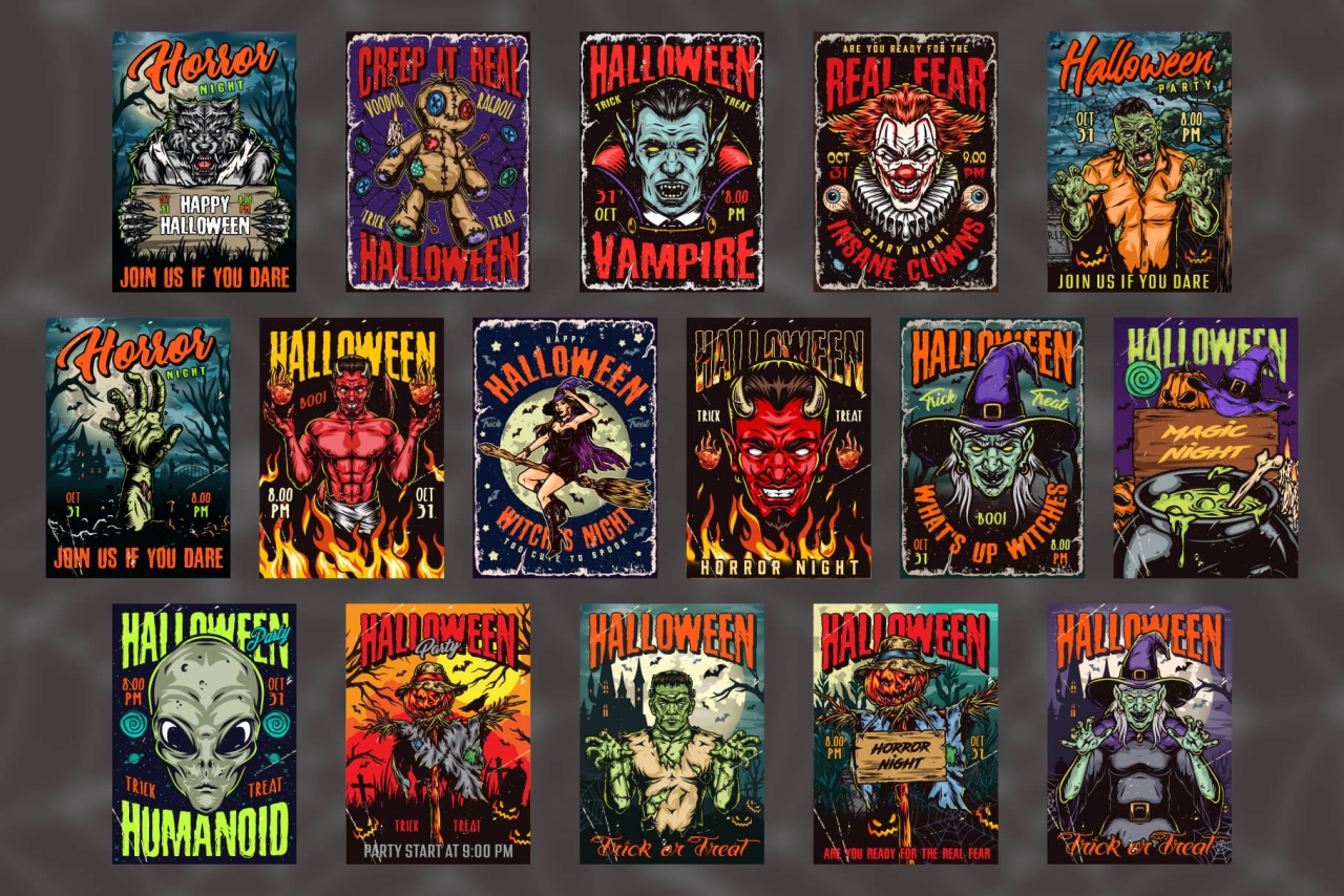 16 Halloween colored posters with different vector illustrations and text