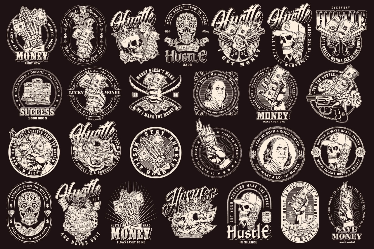 26 Money black and white designs on dark background with different vector illustrations and text