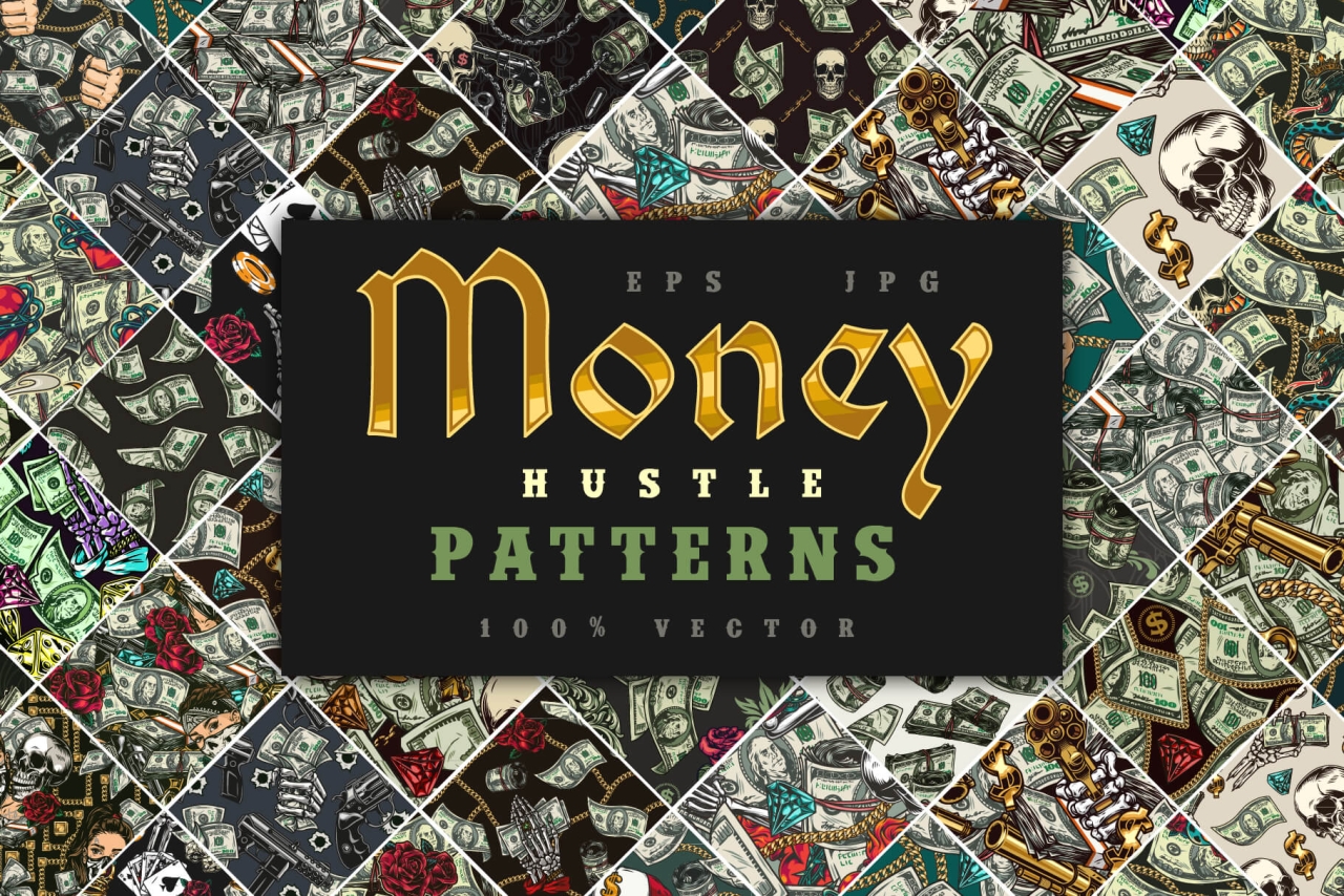 50 Money patterns bundle cover with seamless patterns and text