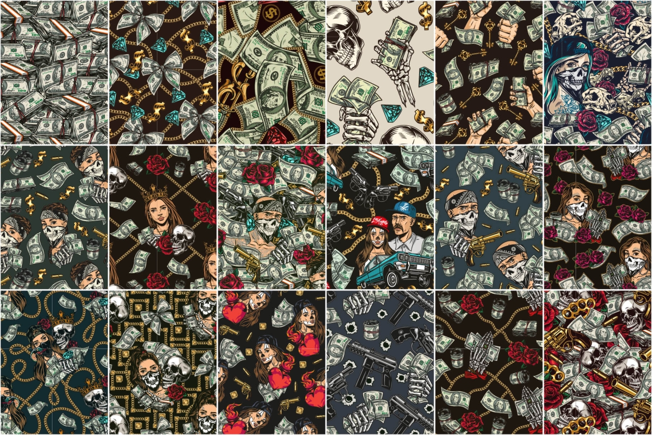 18 Money colored patterns with different vector illustrations