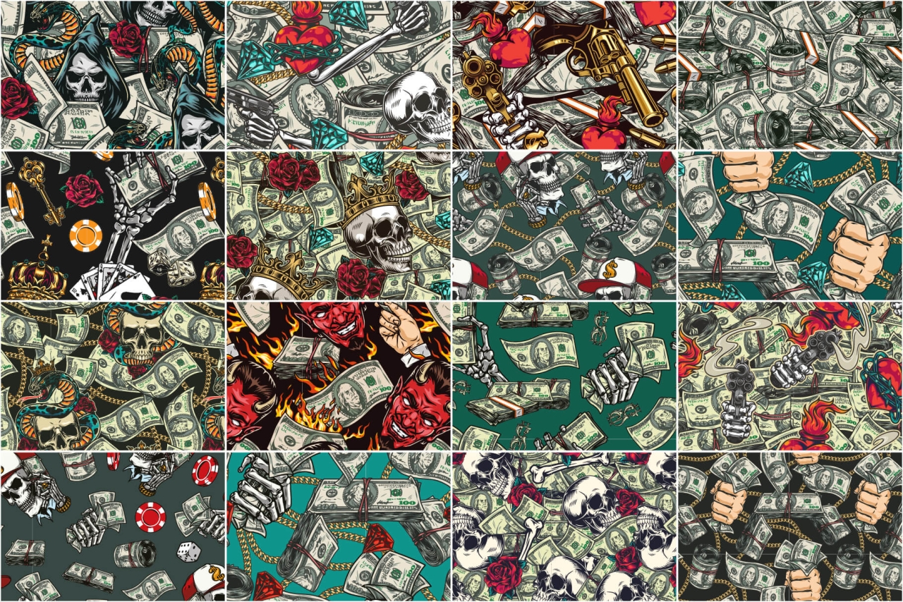 16 Money colored patterns with different vector illustrations