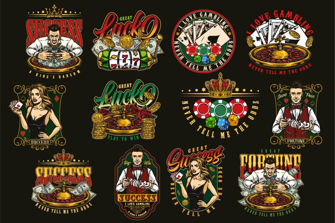 12 Gambling colored designs on dark background with different vector illustrations and text