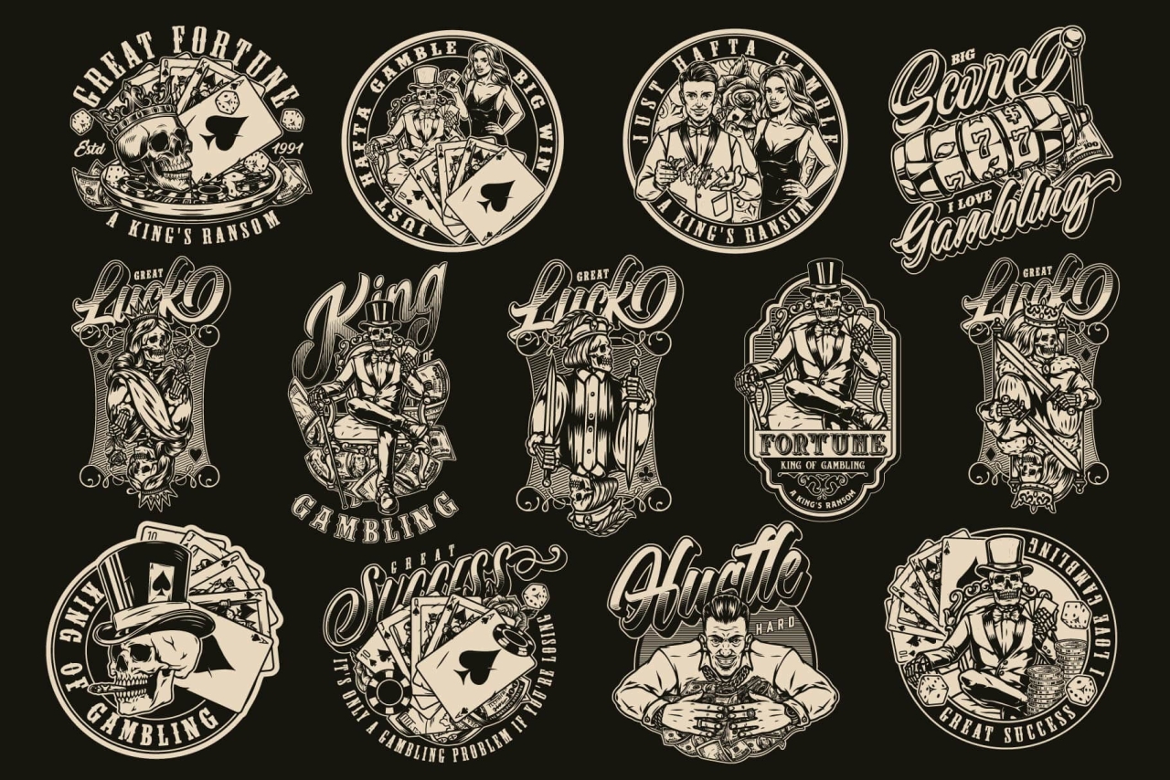 13 Gambling black and white designs on dark background with different vector illustrations and text