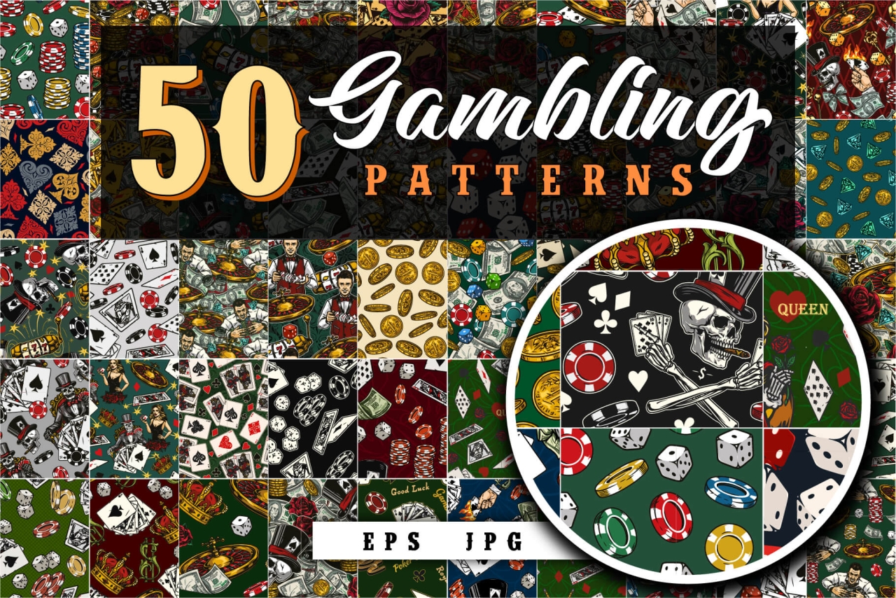 50 Gambling patterns bundle cover with seamless patterns and text