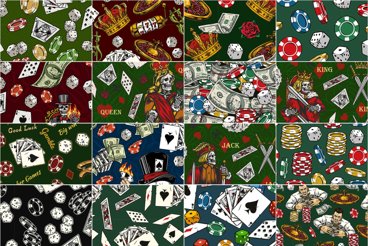 16 Gambling colored patterns with different vector illustrations