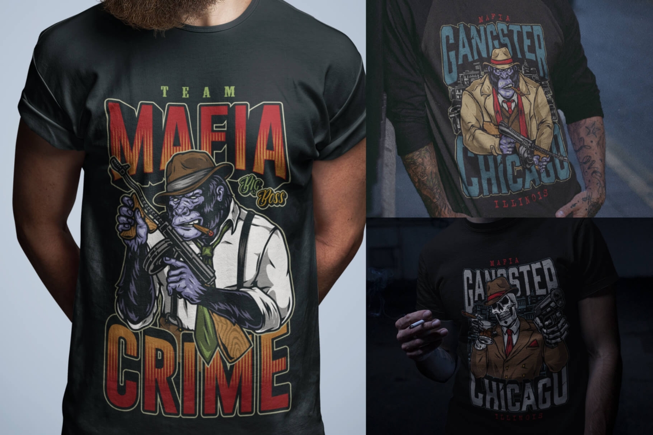 Different Mafia t-shirt designs on apparel mockups