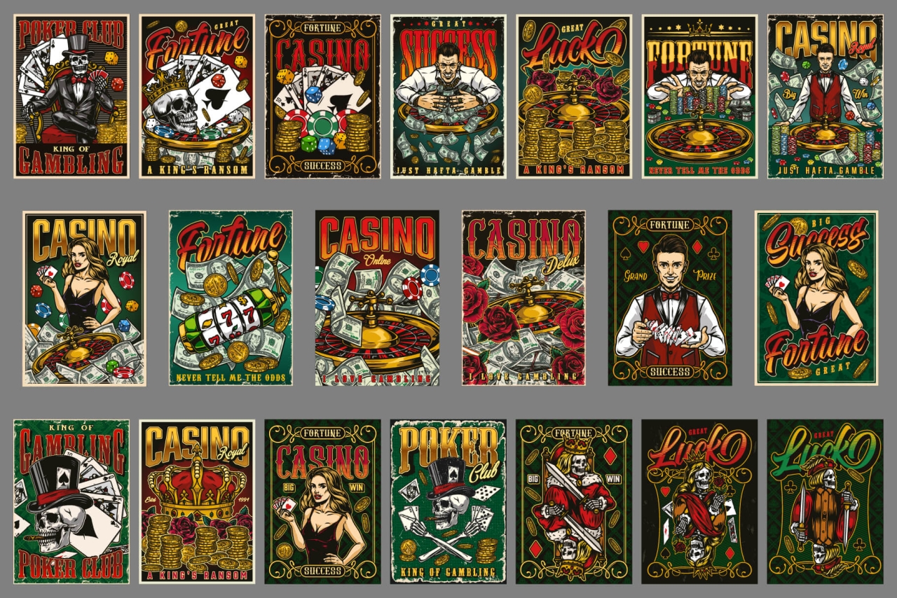 15 Gambling colored posters with different vector illustrations and text