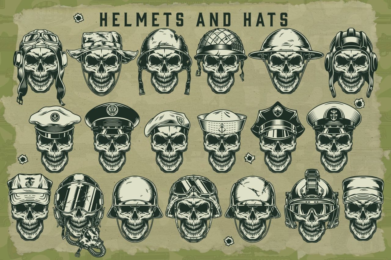 19 types of military helmets and hats on skulls
