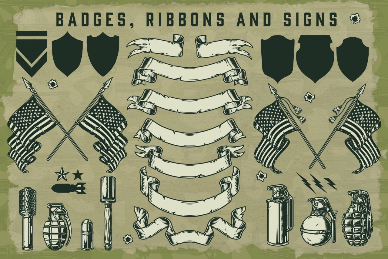 Different badges, flags, ribbons and other signs