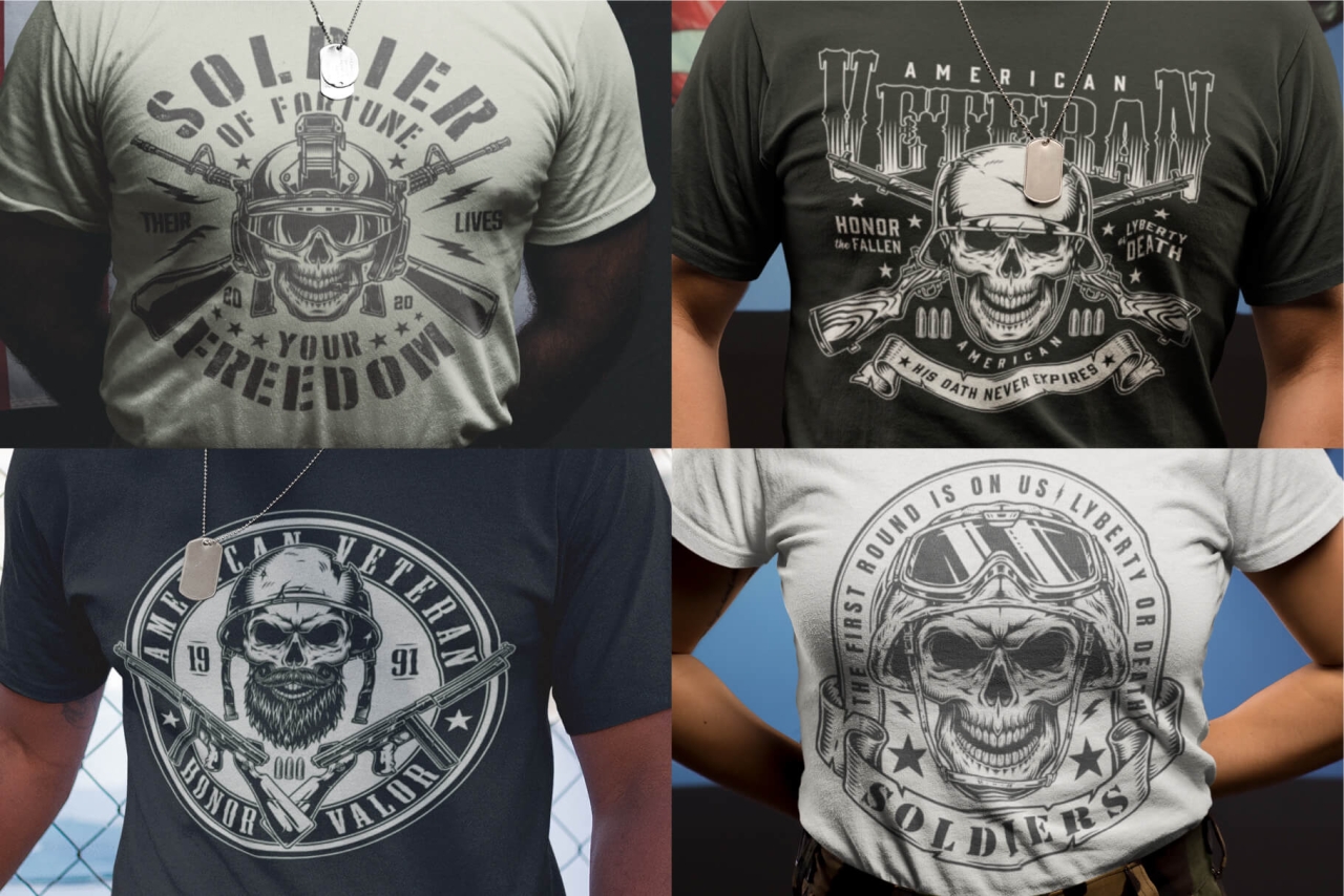 T-shirt designs made with Skull creator on apparel mockups