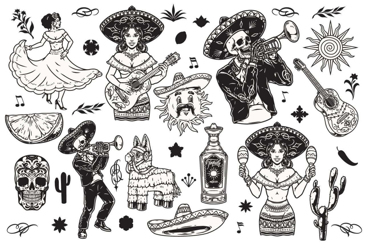 14 Cinco de Mayo black and white illustrations on light background with accessories and smaller illustrations