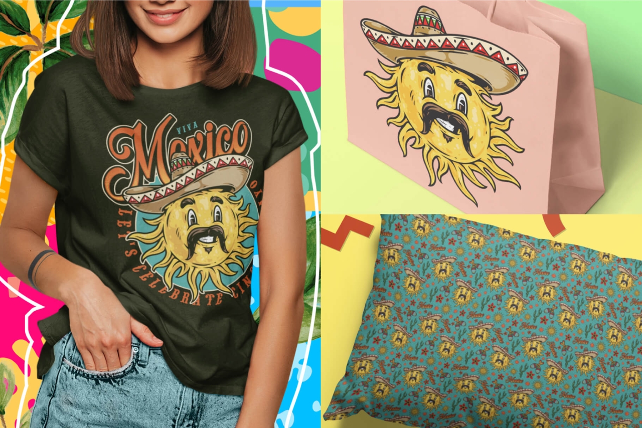 A Cinco de Mayo illustration (Sun in a hat with a moustache) used in a t-shirt design and a pattern