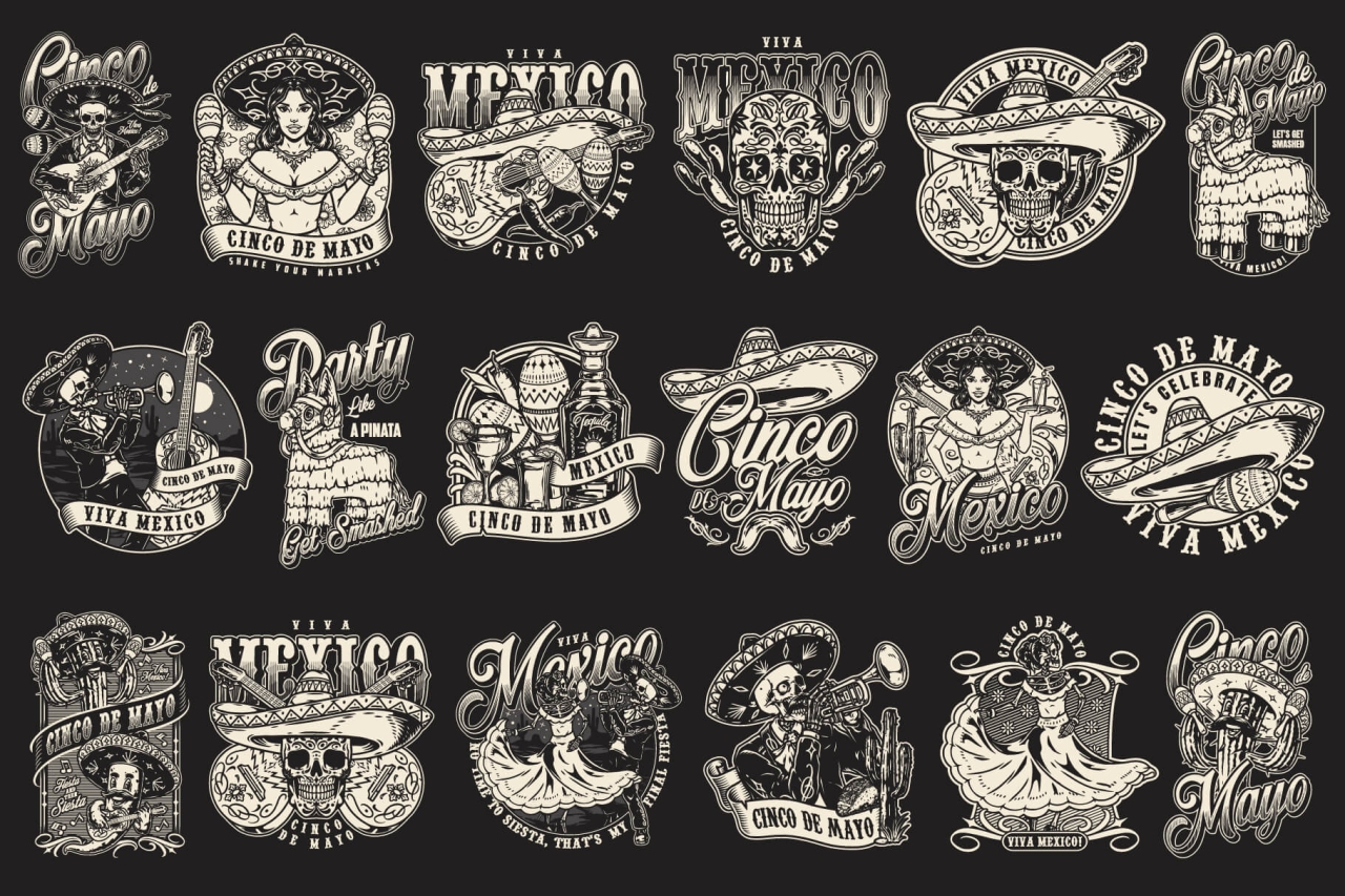 18 Cinco de Mayo black and white designs on dark background with different vector illustrations and text
