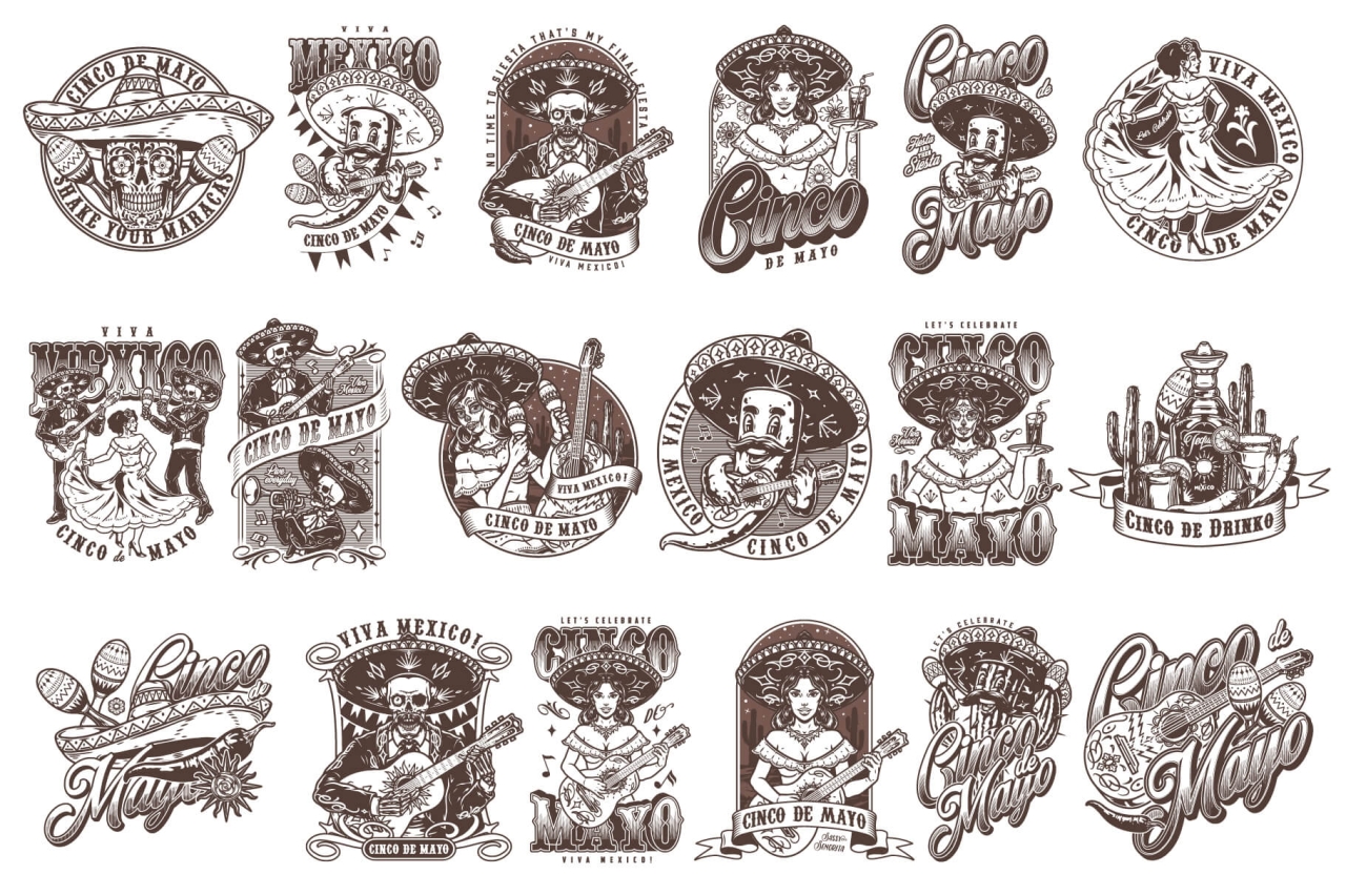 18 Cinco de Mayo black and white designs on light background with different vector illustrations and text