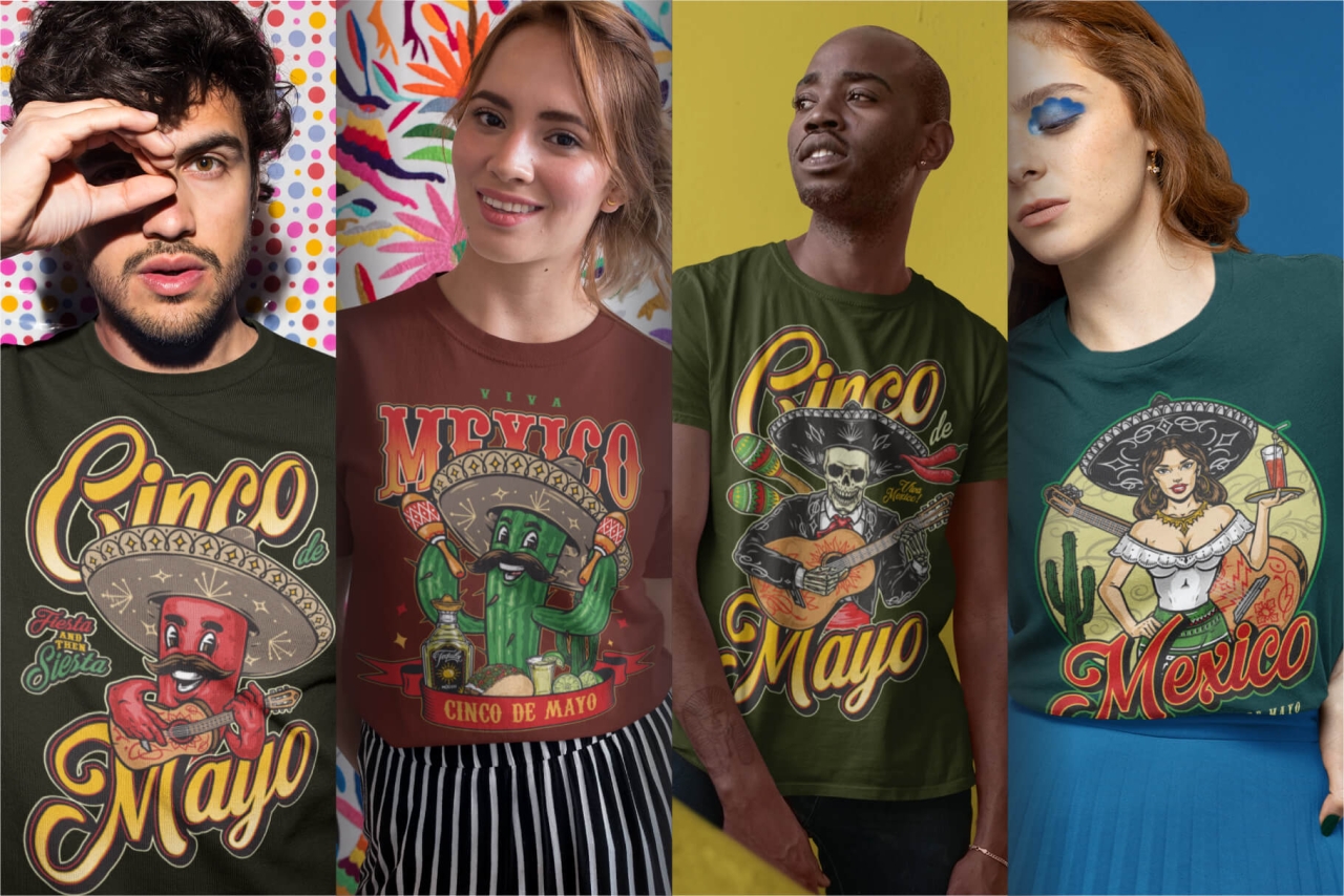 Different Cinco de Mayo t-shirt designs on apparel mockups