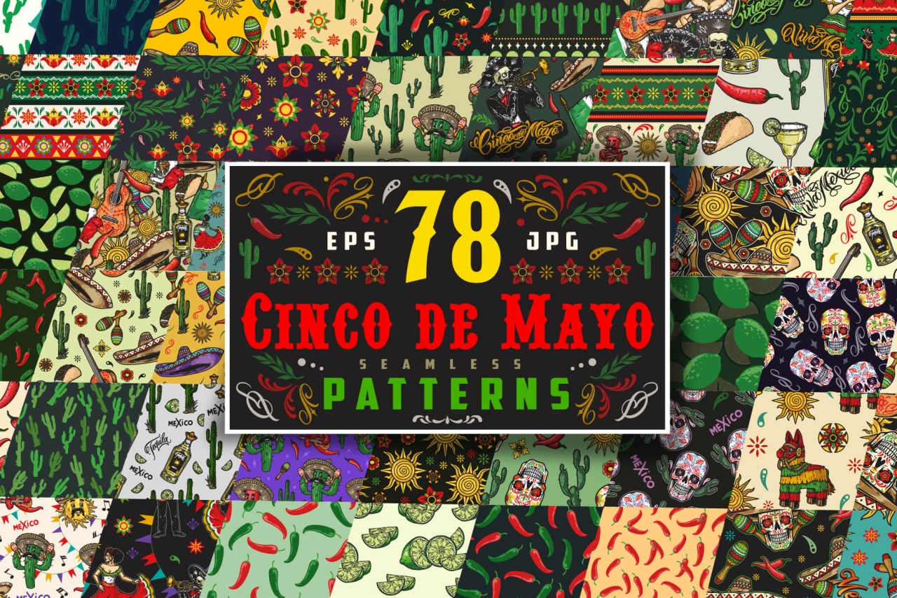 Cinco de Mayo patterns bundle cover with seamless patterns and text