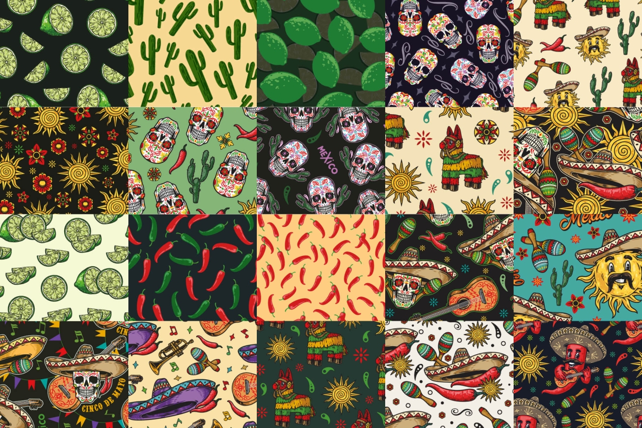20 Cinco de Mayo colored patterns with different vector illustrations