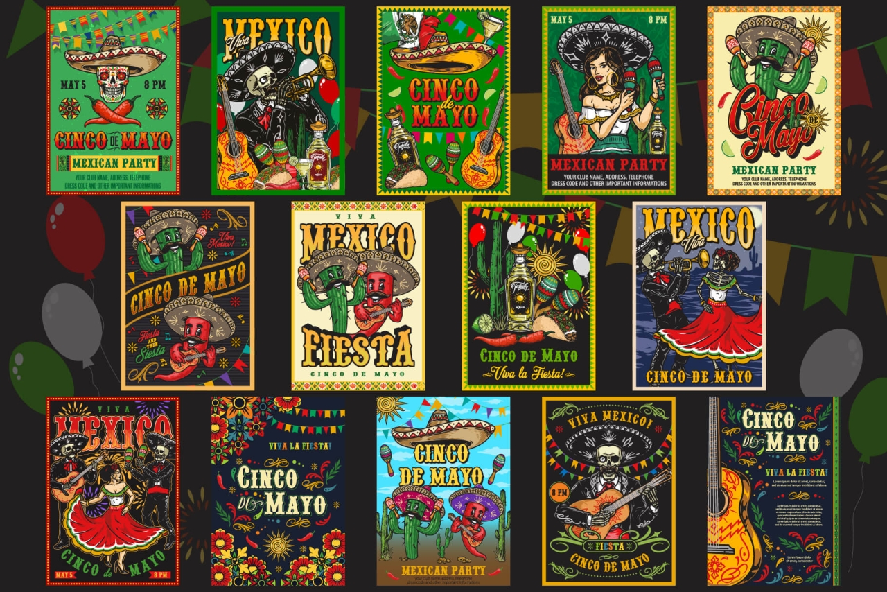 14 Cinco de Mayo colored posters with different vector illustrations and text