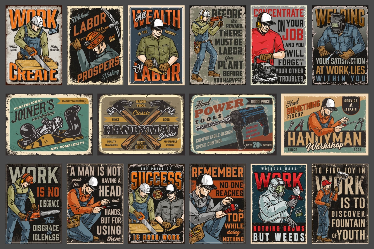 16 Handymen colored posters with different vector illustrations and text