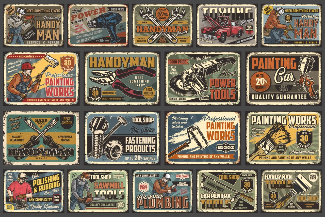 18 Handymen colored posters with different vector illustrations and text
