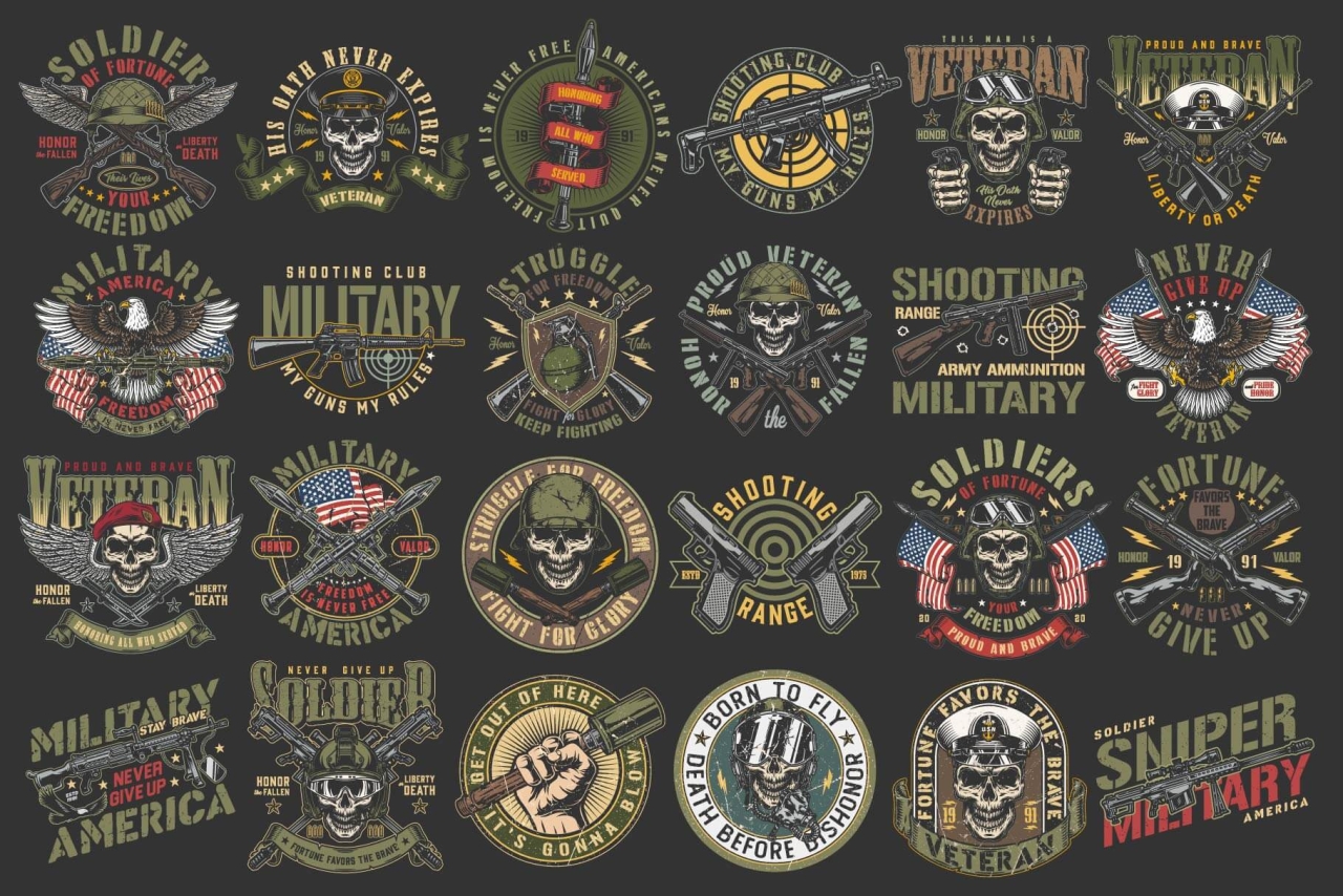 24 Military colored designs on dark background with different vector illustrations and text