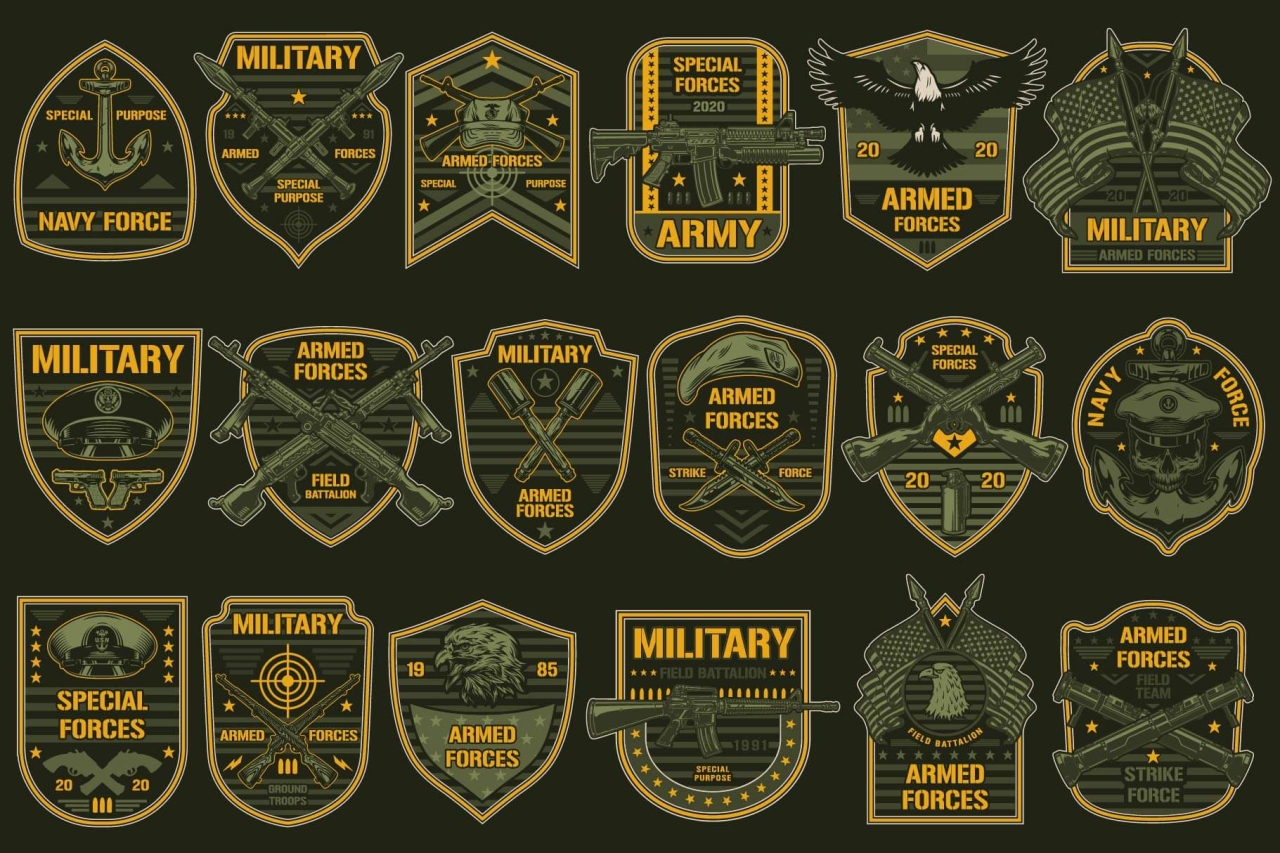 18 Military colored badges on dark background with different vector illustrations and text