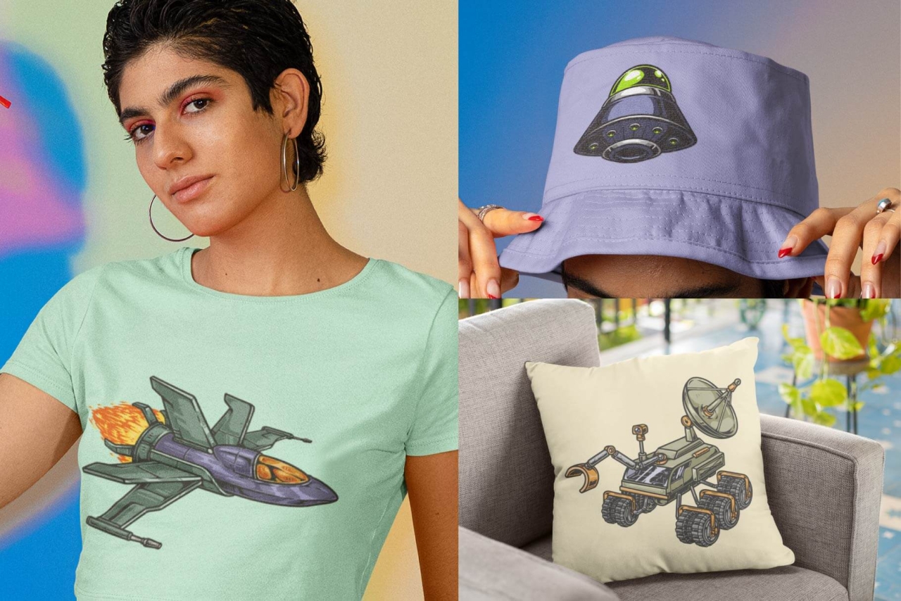 UFO illustrations on apparel products