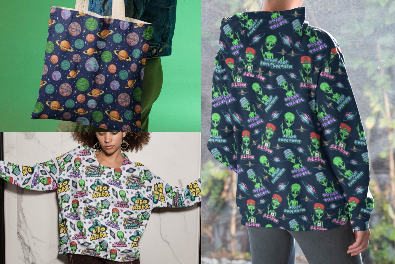 Seamless UFO patterns on apparel mockups
